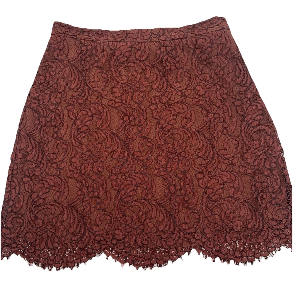 Wilfred Brown Lace Mini Skirt Lined Scallop Fringe Hem Sz 4 Floral Design Event‎